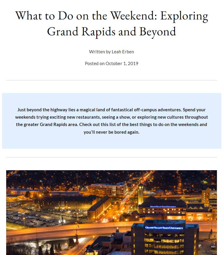 Screenshot of guide about downtown Grand Rapids on gvsu.edu.